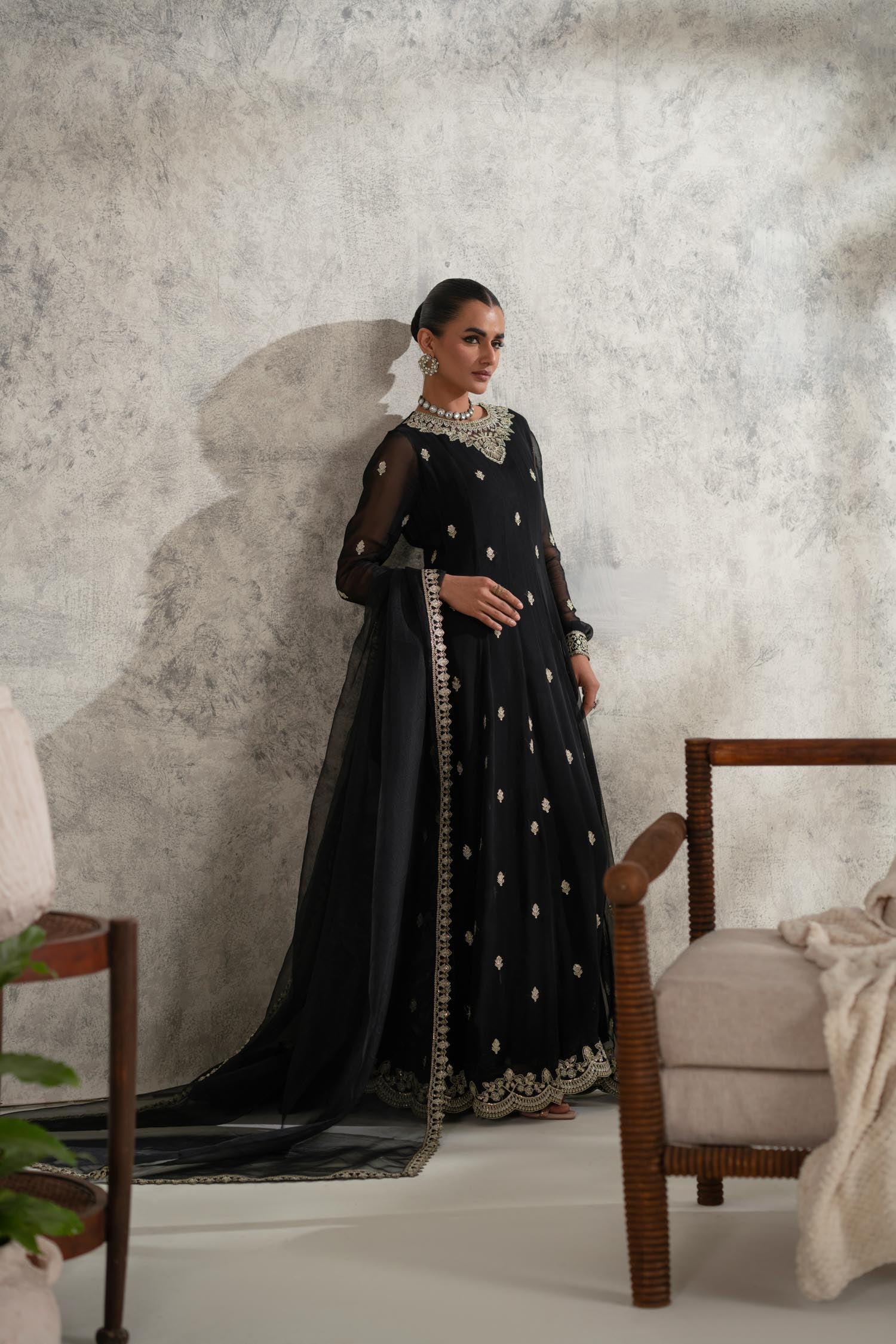 Black Embroidered Chiffon Anarkali Dress (2-Piece) - Image 8