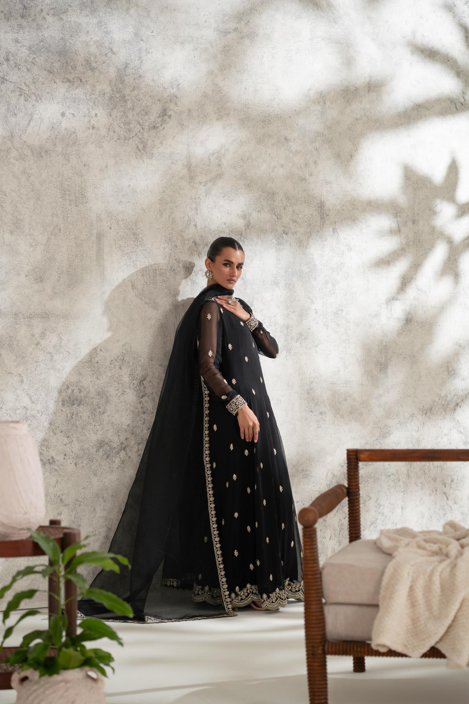 Black Embroidered Chiffon Anarkali Dress (2-Piece) - Image 9