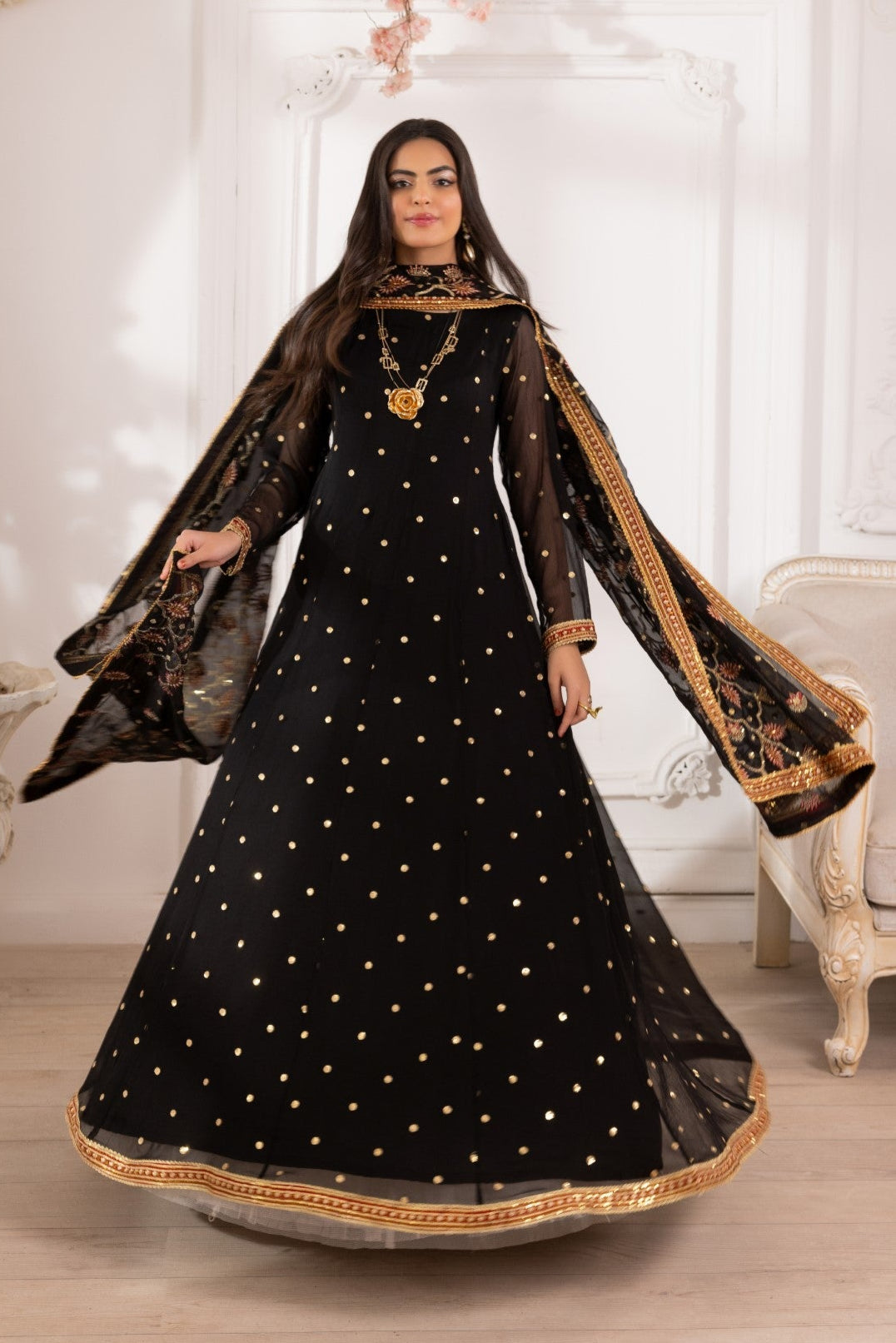 Black Embroidered Chiffon Anarkali Dress (3-Piece) - Image 10