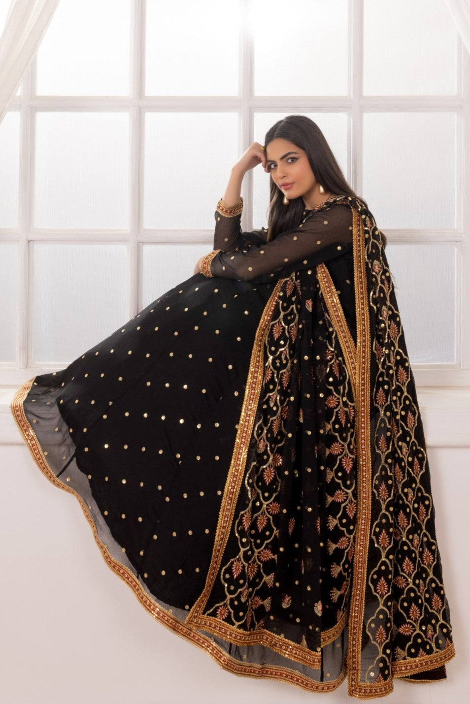 Black Embroidered Chiffon Anarkali Dress (3-Piece) - Image 11