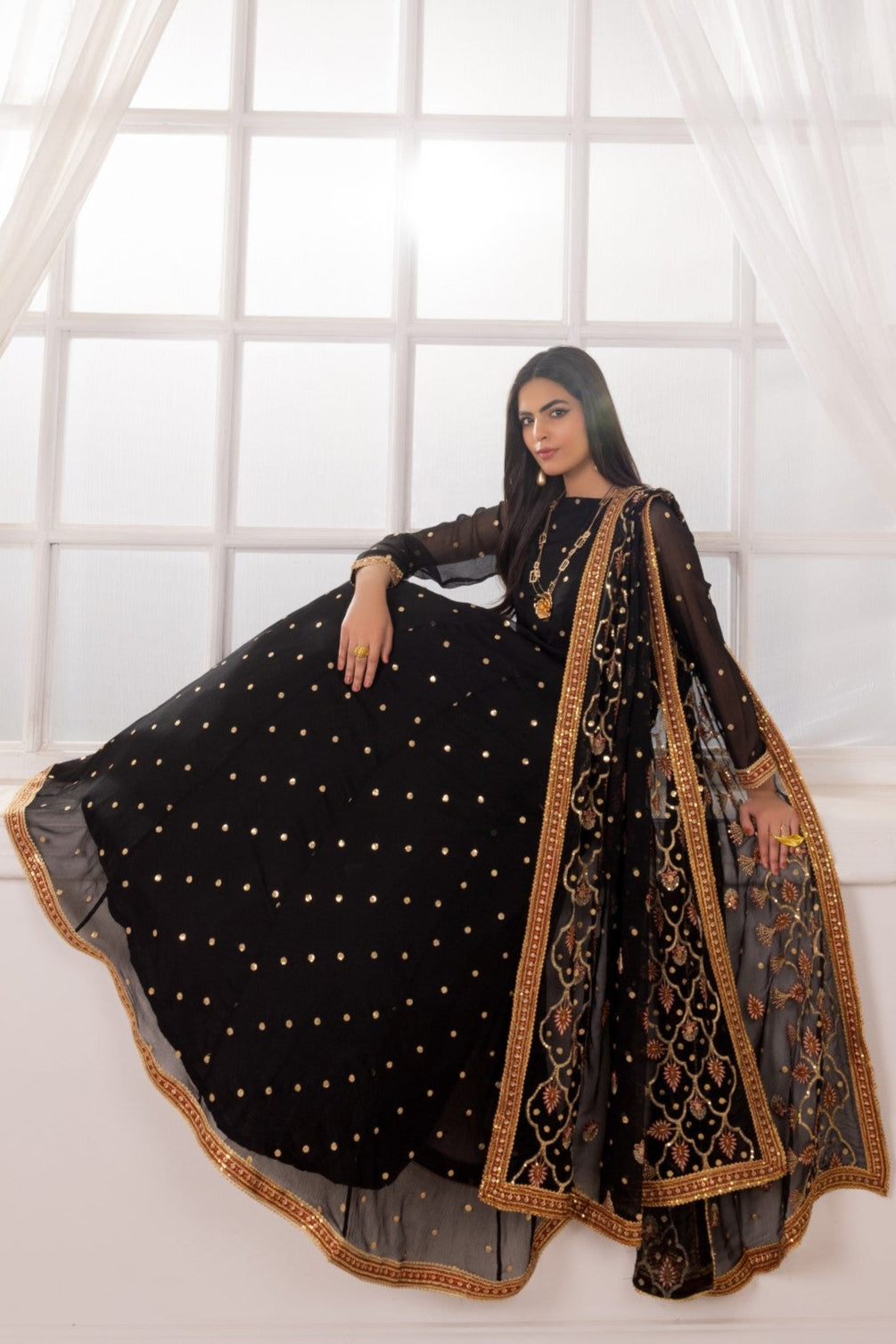 Black Embroidered Chiffon Anarkali Dress (3-Piece) - Image 12