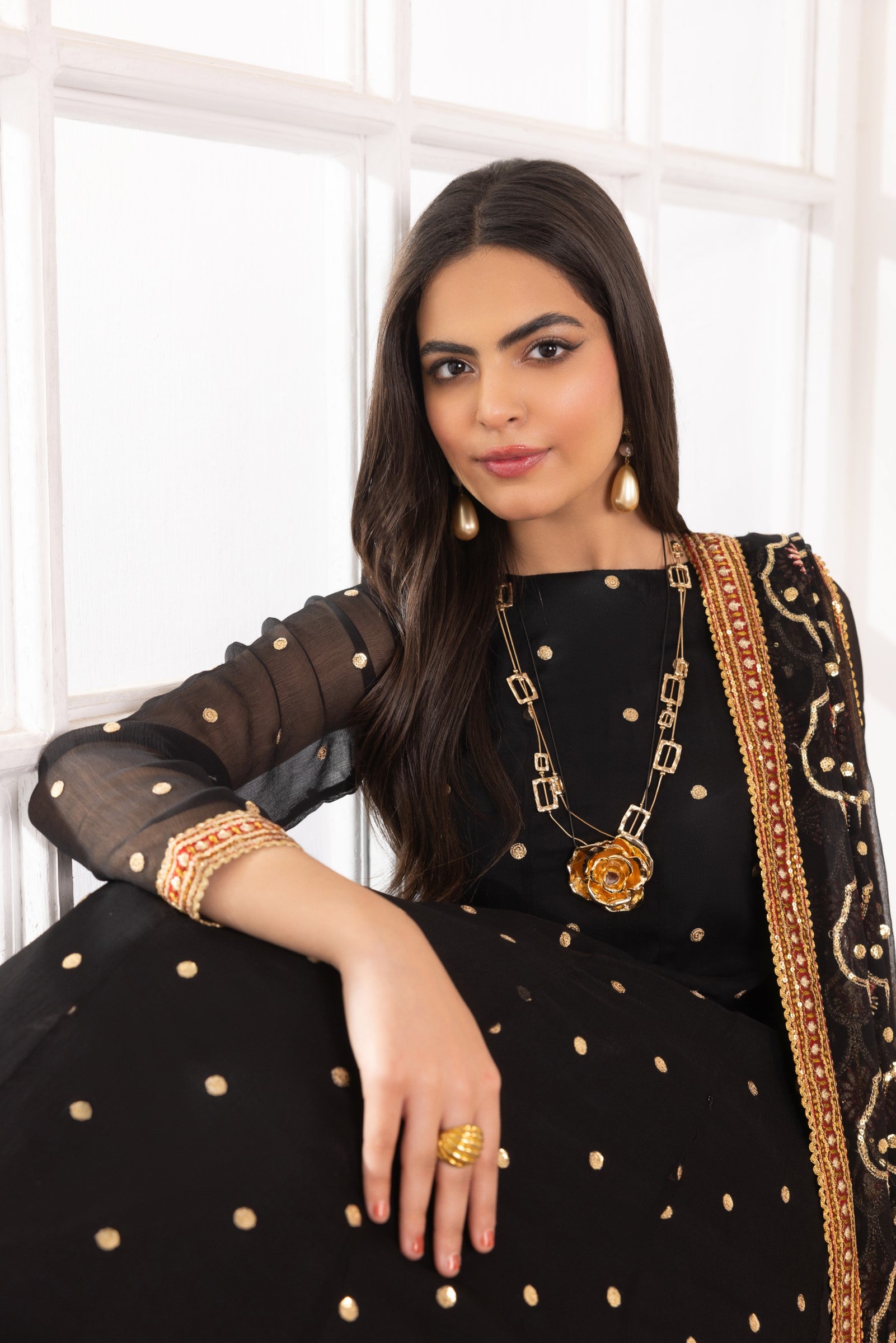 Black Embroidered Chiffon Anarkali Dress (3-Piece) - Image 13
