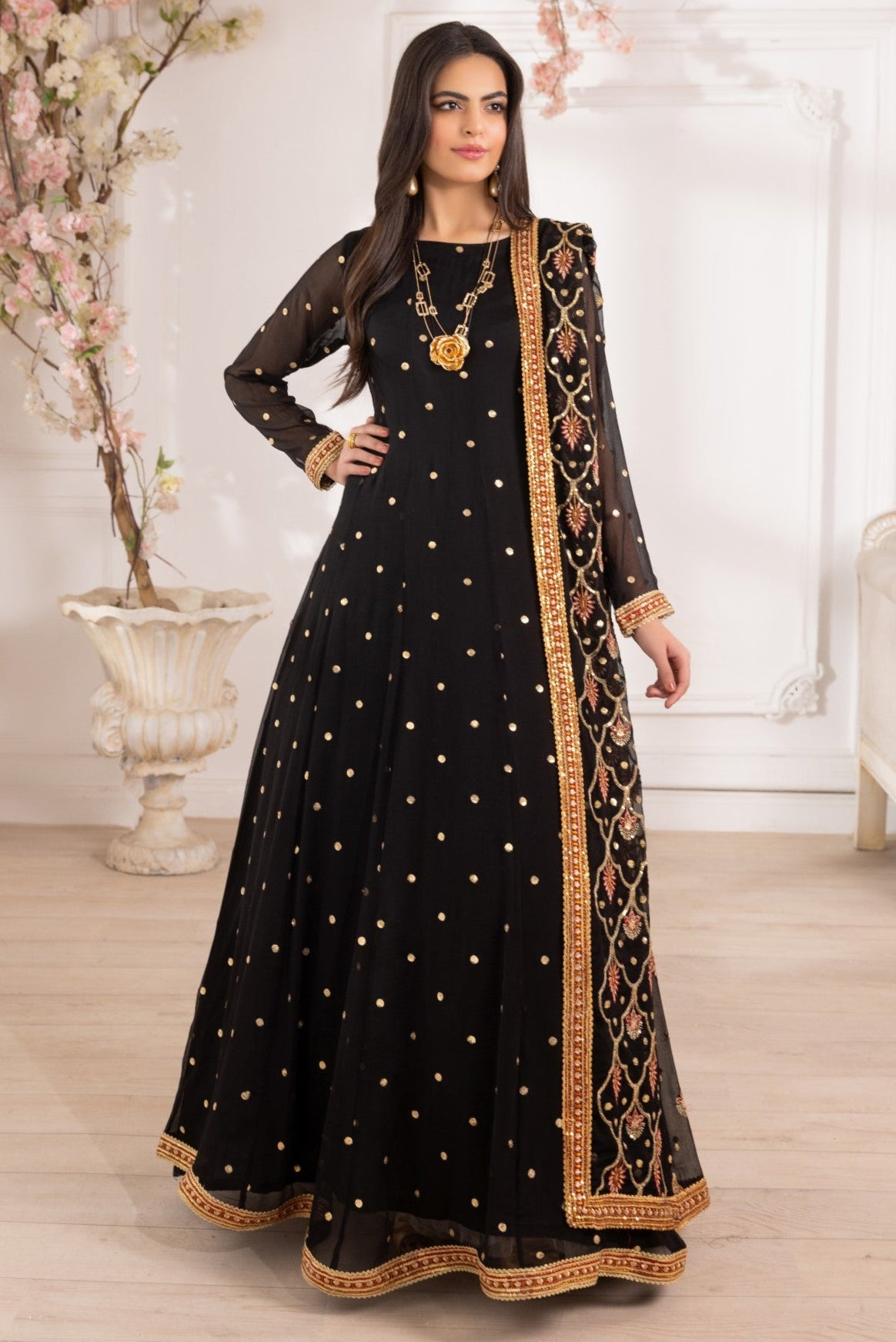 Black Embroidered Chiffon Anarkali Dress (3-Piece) - Image 14