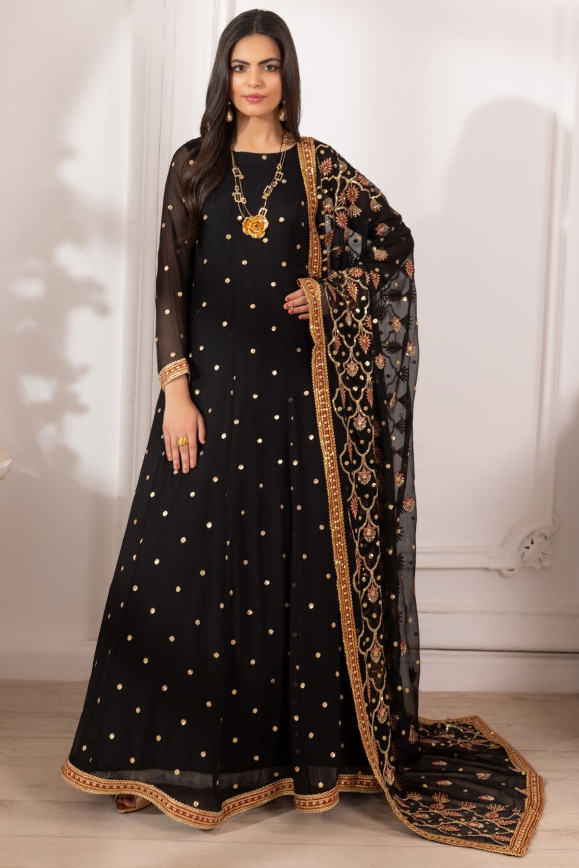 Black Embroidered Chiffon Anarkali Dress (3-Piece) - Image 2