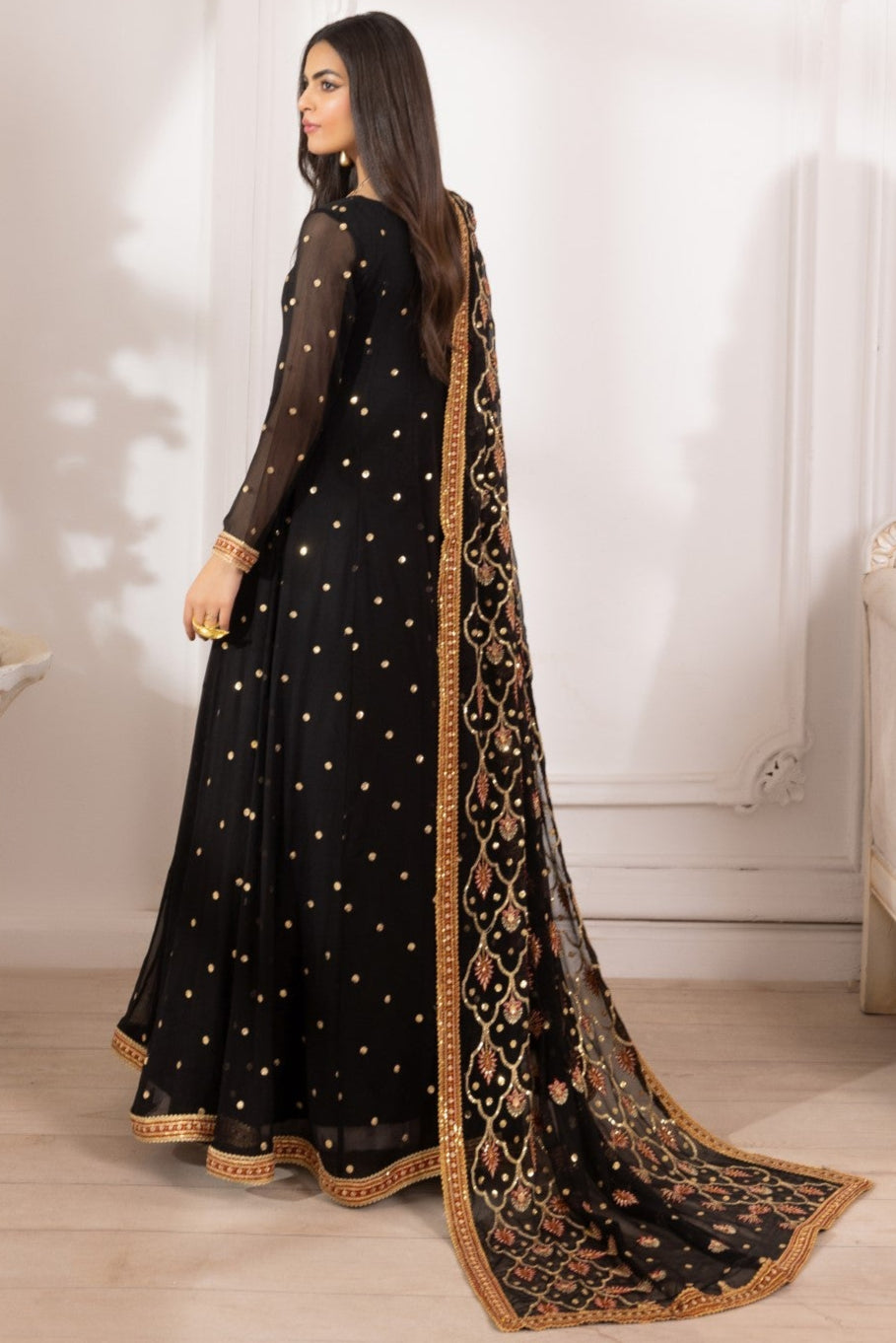 Black Embroidered Chiffon Anarkali Dress (3-Piece) - Image 4