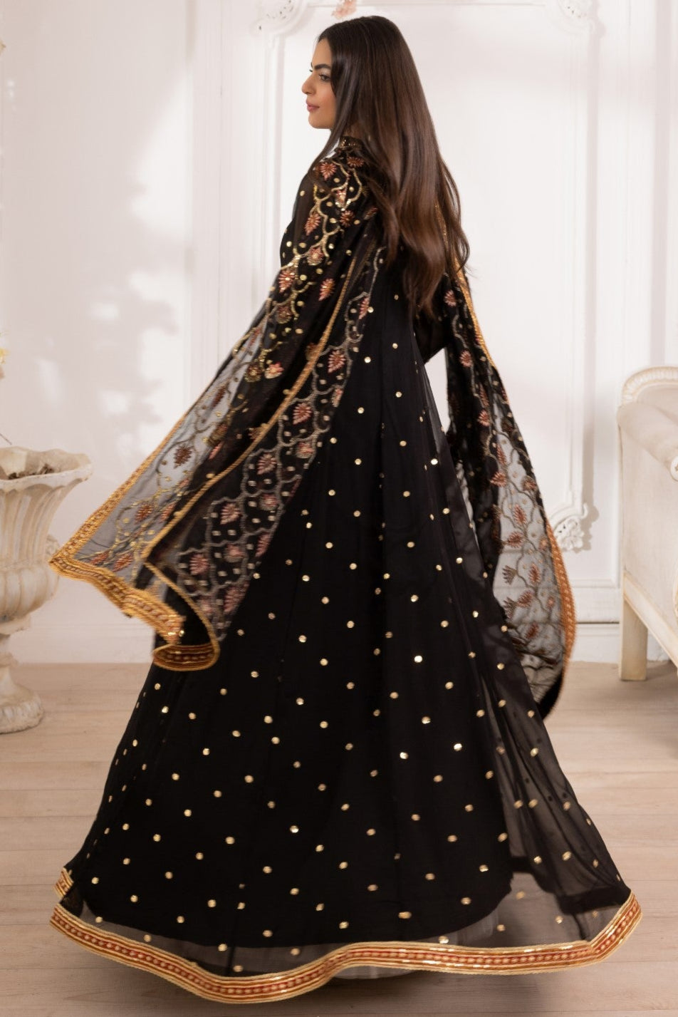 Black Embroidered Chiffon Anarkali Dress (3-Piece) - Image 5