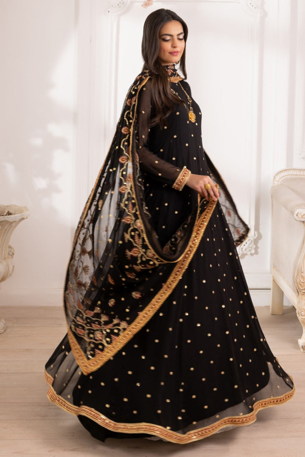 Black Embroidered Chiffon Anarkali Dress (3-Piece) - Image 6