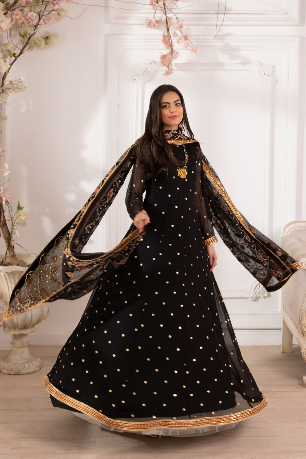 Black Embroidered Chiffon Anarkali Dress (3-Piece) - Image 7