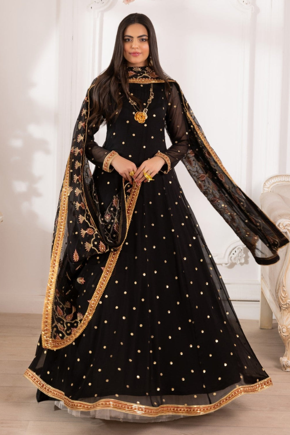 Black Embroidered Chiffon Anarkali Dress (3-Piece) - Image 8