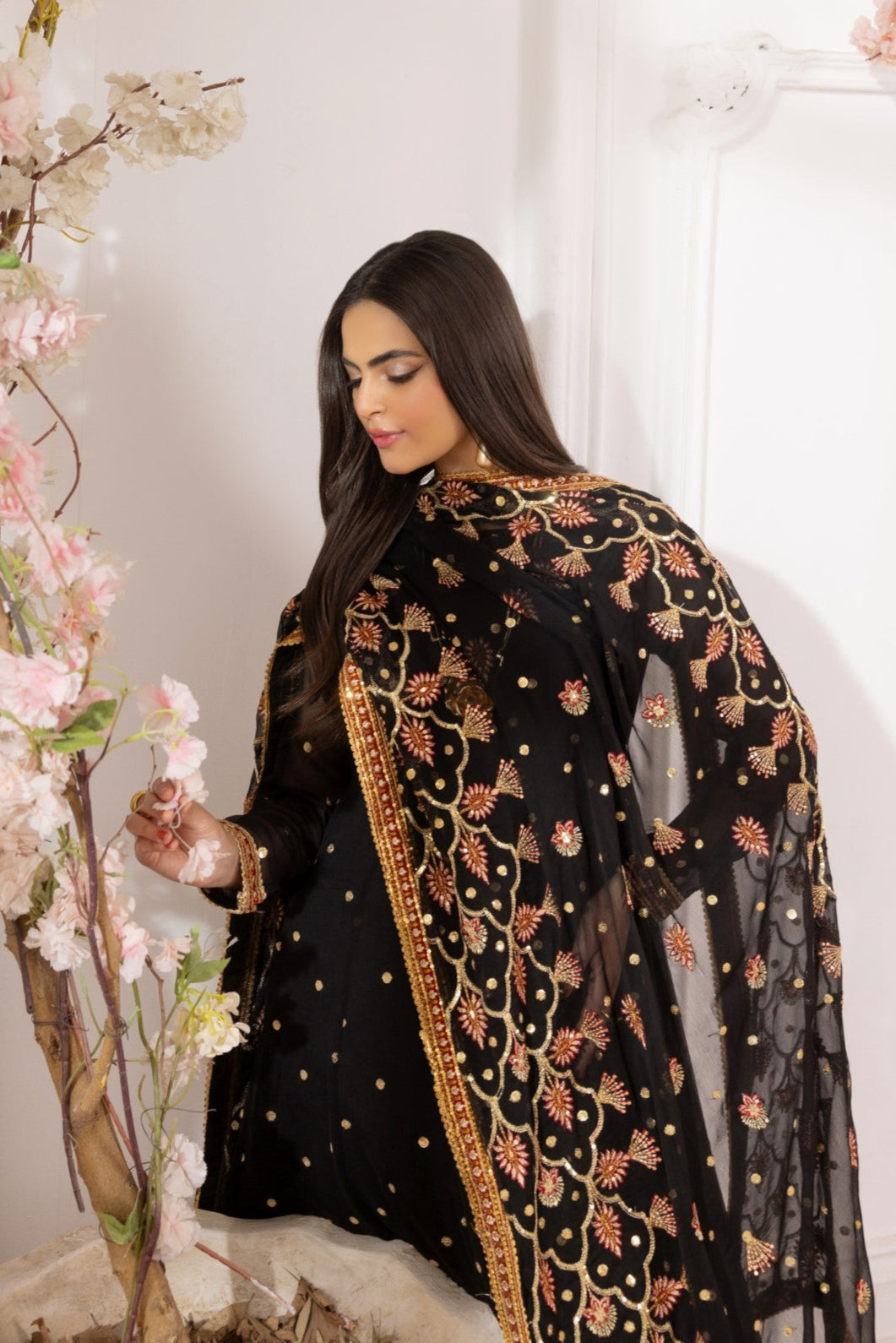Black Embroidered Chiffon Anarkali Dress (3-Piece) - Image 9