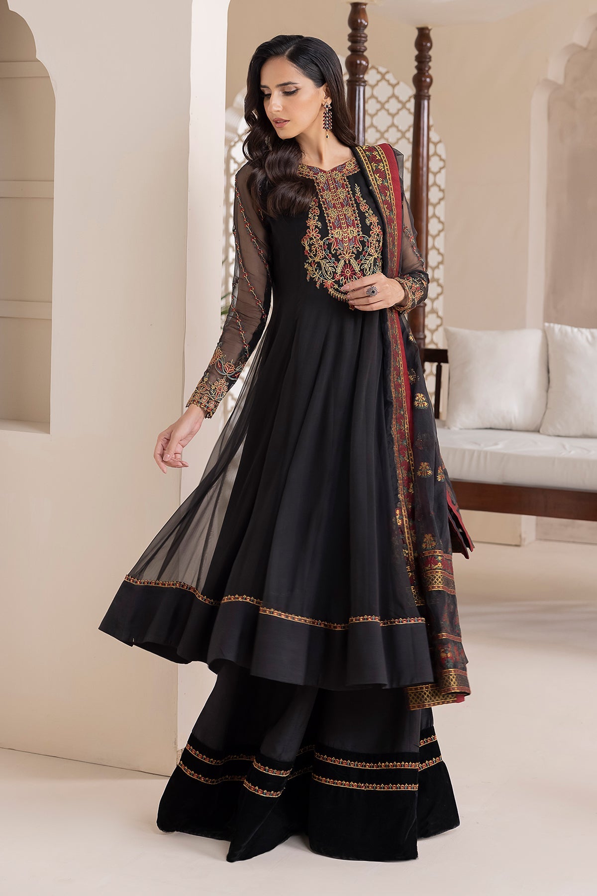 Pakistani Black Embroidered Chiffon Anarkali Dress (3-Piece) - Image 2