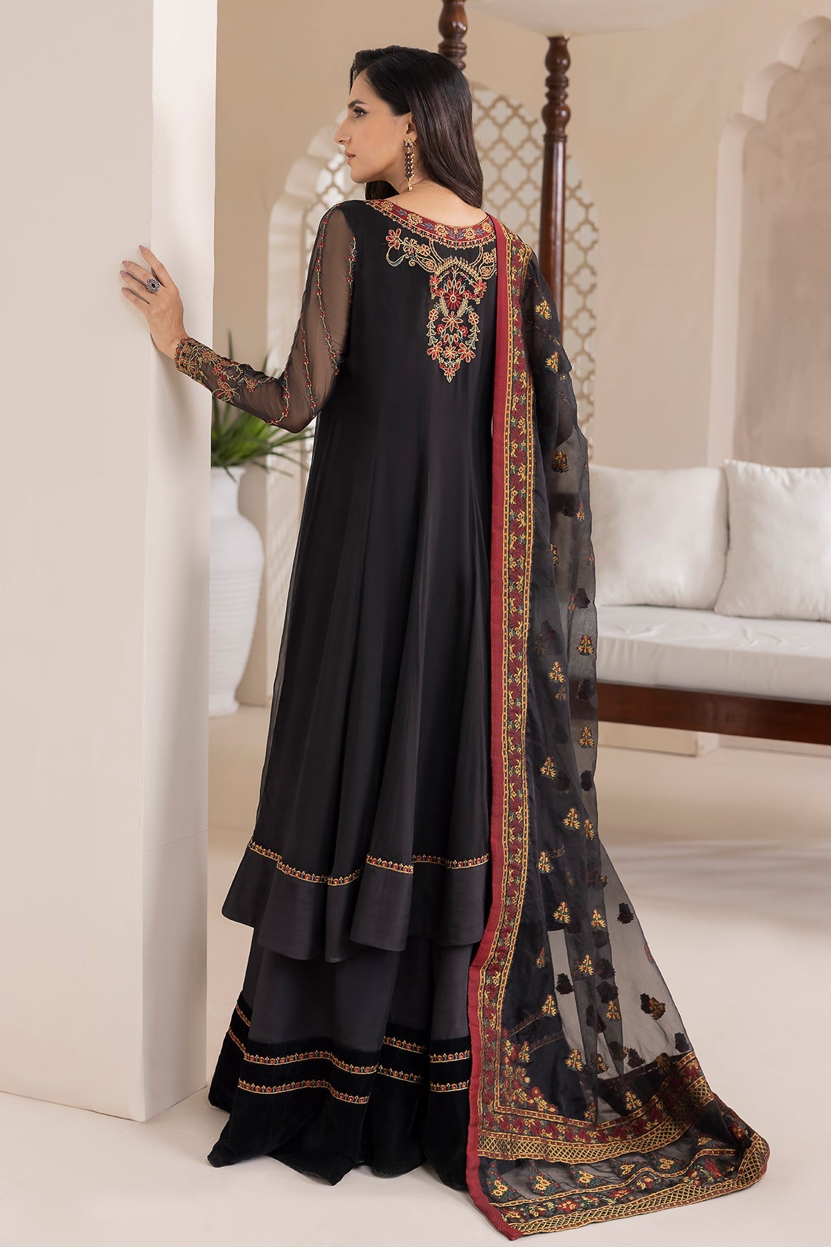 Pakistani Black Embroidered Chiffon Anarkali Dress (3-Piece) - Image 3