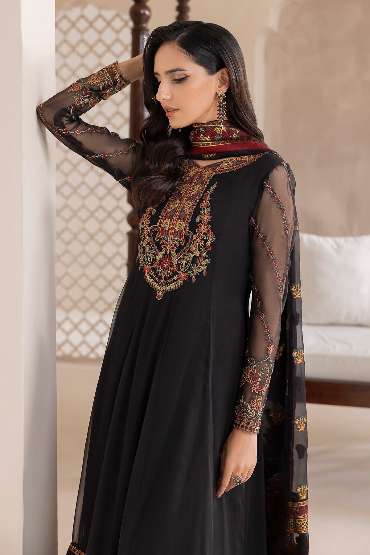Pakistani Black Embroidered Chiffon Anarkali Dress (3-Piece) - Image 4
