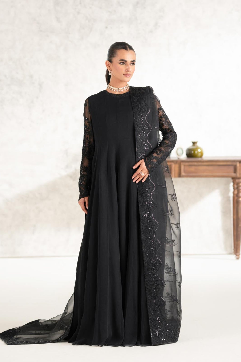 Pakistani Black Embroidered Chiffon Anarkali Dress (2-Piece) - Image 1