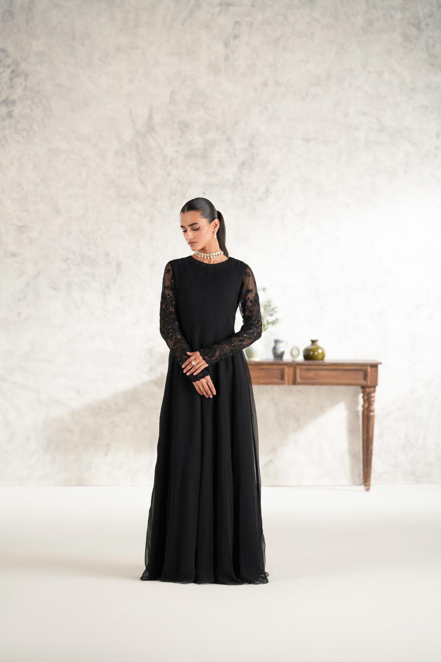 Pakistani Black Embroidered Chiffon Anarkali Dress (2-Piece) - Image 2