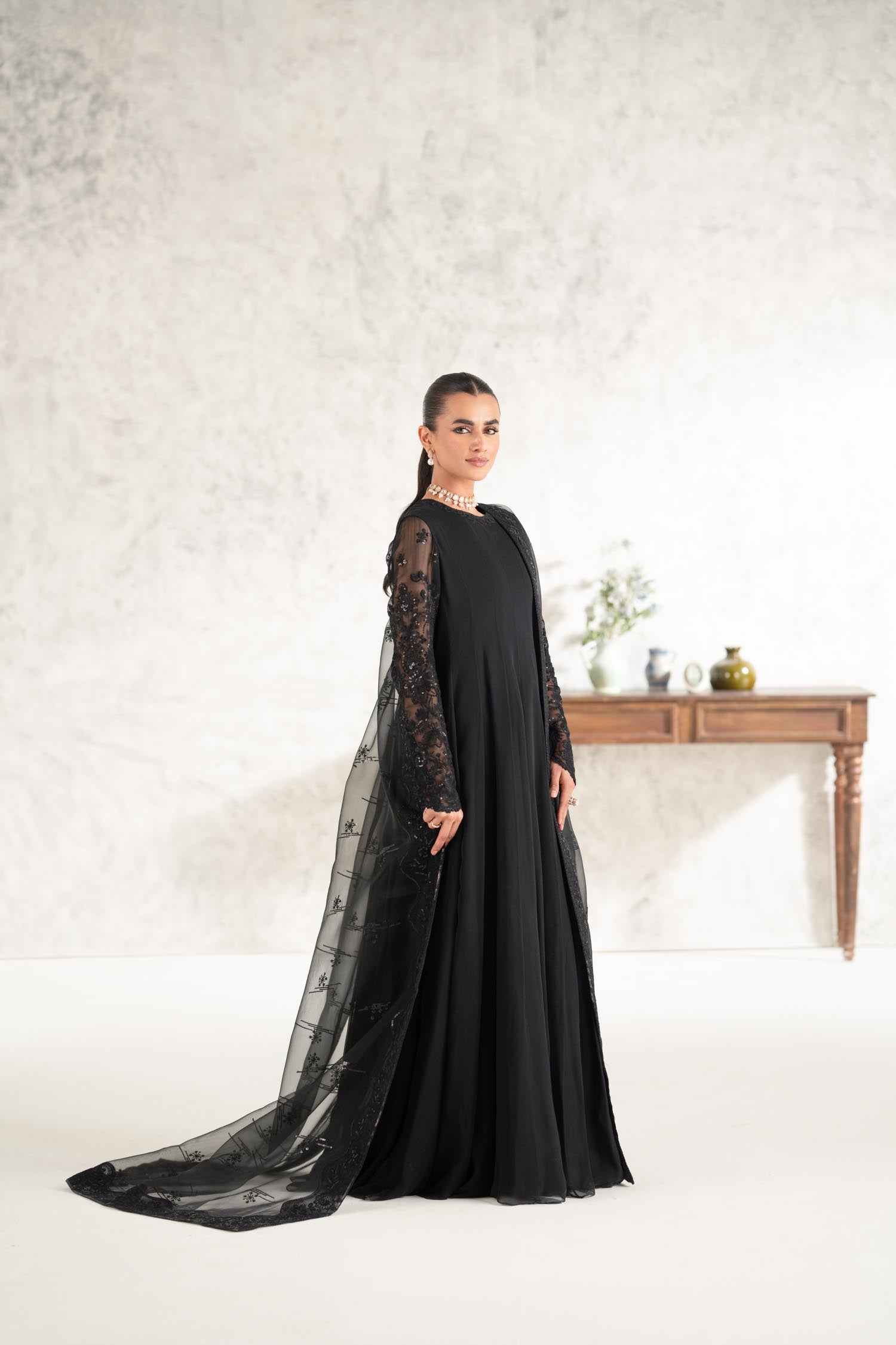 Pakistani Black Embroidered Chiffon Anarkali Dress (2-Piece) - Image 4