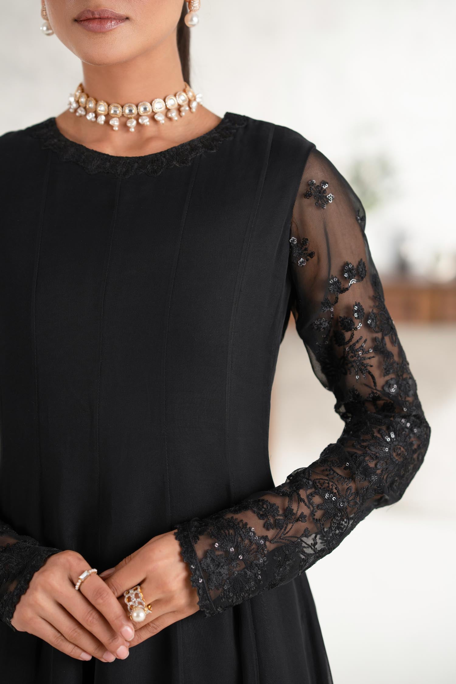 Pakistani Black Embroidered Chiffon Anarkali Dress (2-Piece) - Image 8