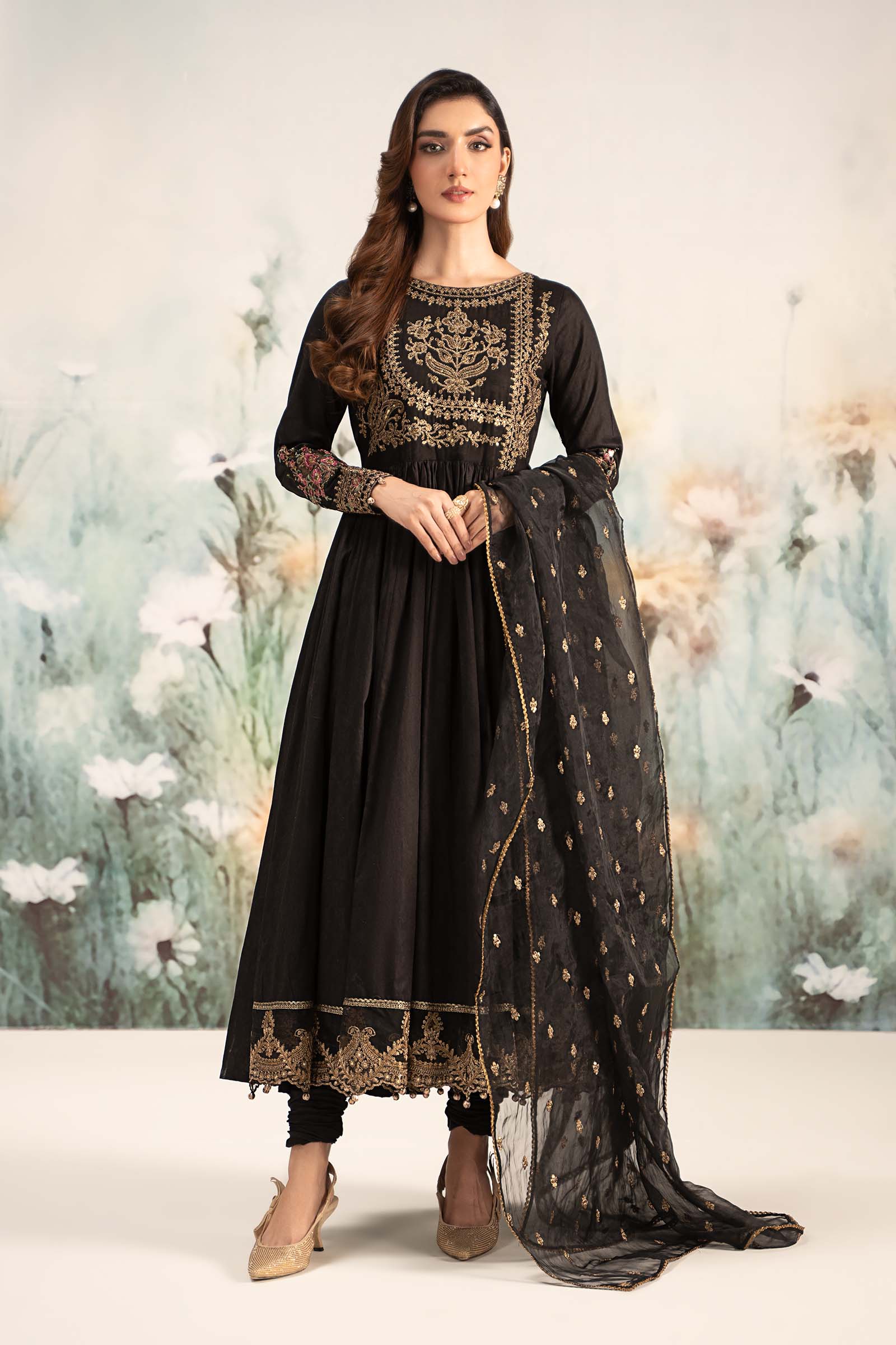 Pakistani Black Embroidered Self Jacquard Lawn Anarkali (3-Piece) - Image 1