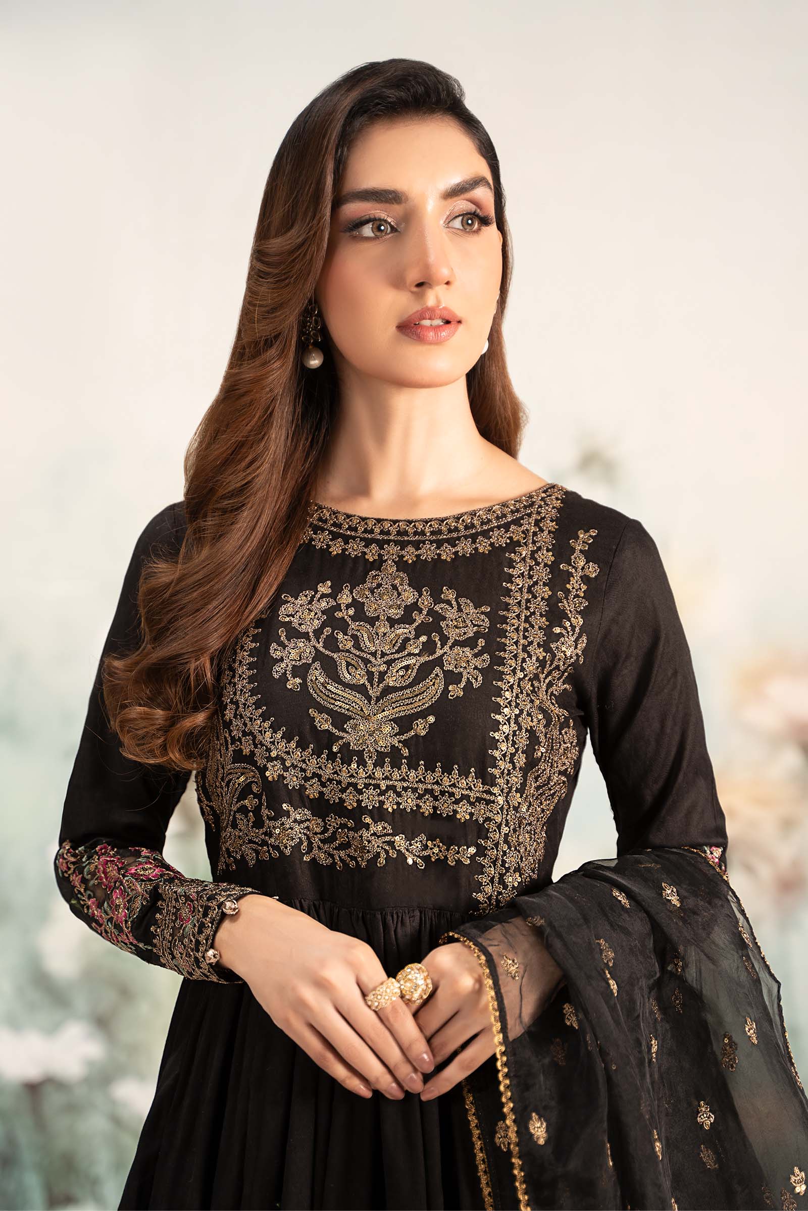 Pakistani Black Embroidered Self Jacquard Lawn Anarkali (3-Piece) - Image 2