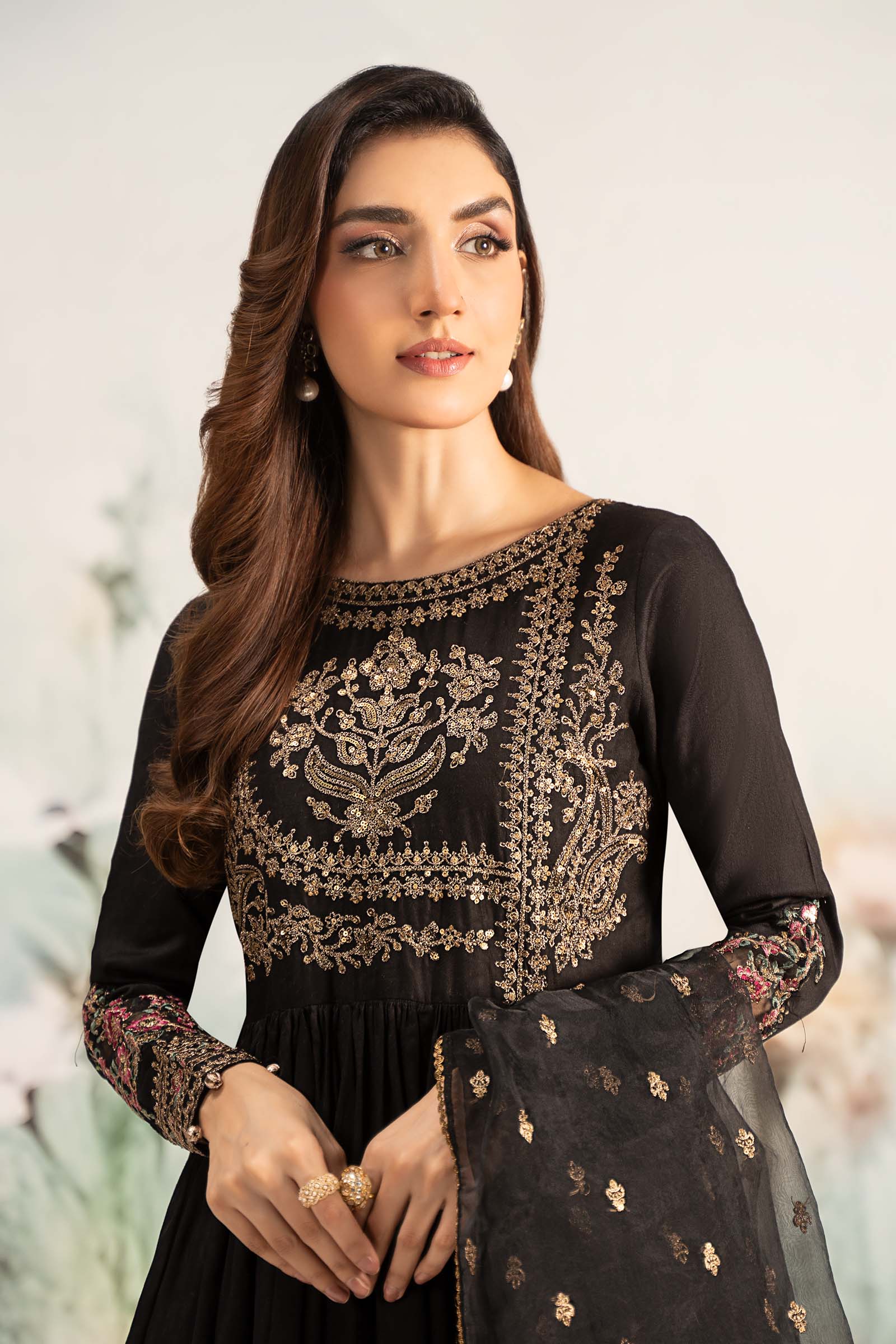 Pakistani Black Embroidered Self Jacquard Lawn Anarkali (3-Piece) - Image 3