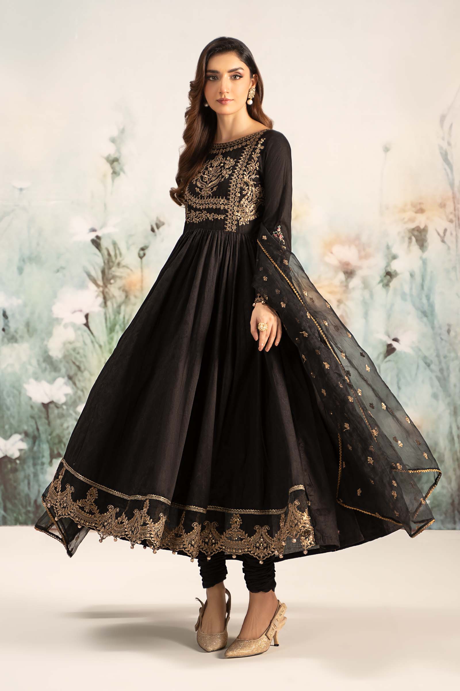 Pakistani Black Embroidered Self Jacquard Lawn Anarkali (3-Piece) - Image 4