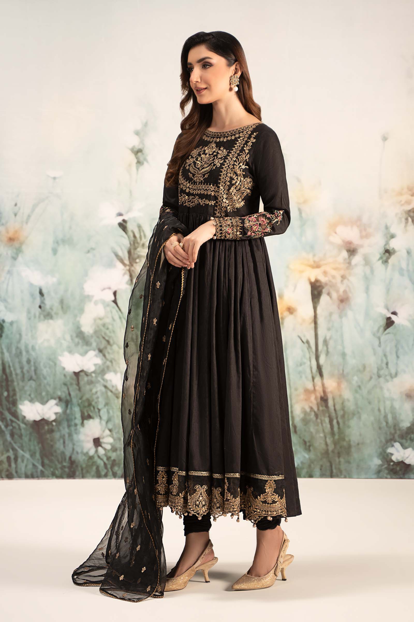 Pakistani Black Embroidered Self Jacquard Lawn Anarkali (3-Piece) - Image 5