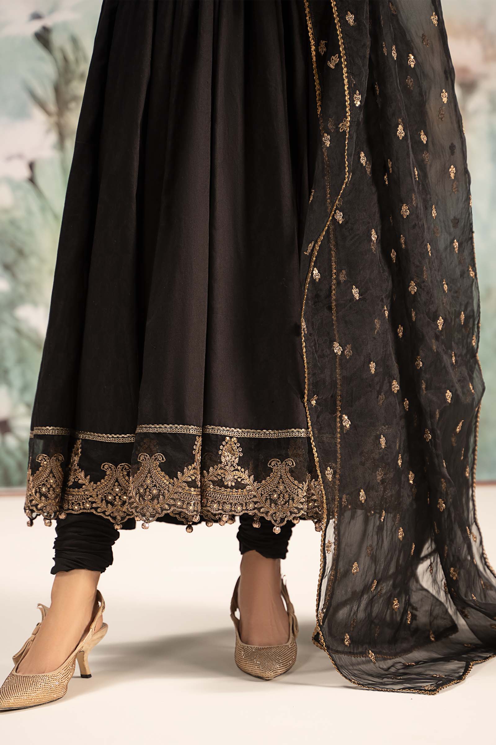 Pakistani Black Embroidered Self Jacquard Lawn Anarkali (3-Piece) - Image 6