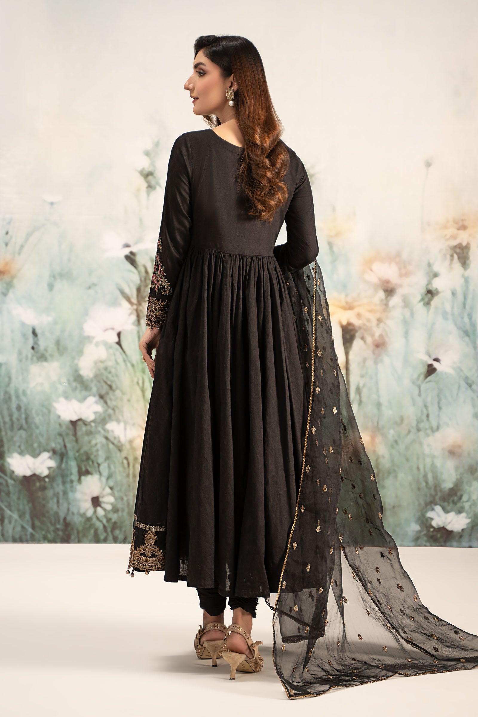 Pakistani Black Embroidered Self Jacquard Lawn Anarkali (3-Piece) - Image 7