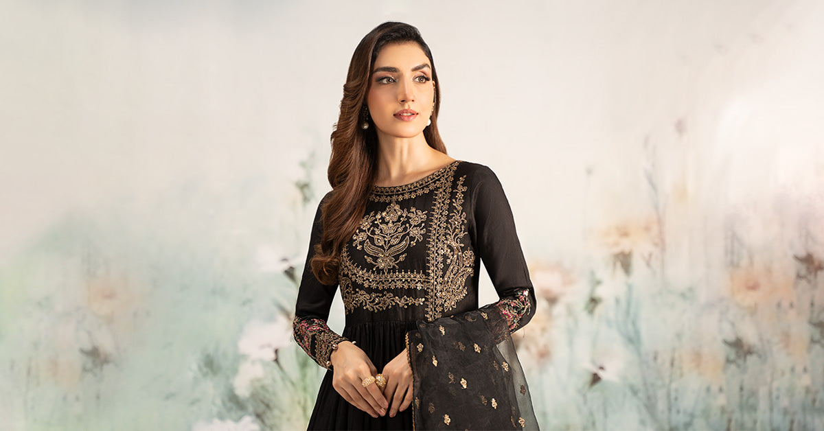 Pakistani Black Embroidered Self Jacquard Lawn Anarkali (3-Piece) - Image 8