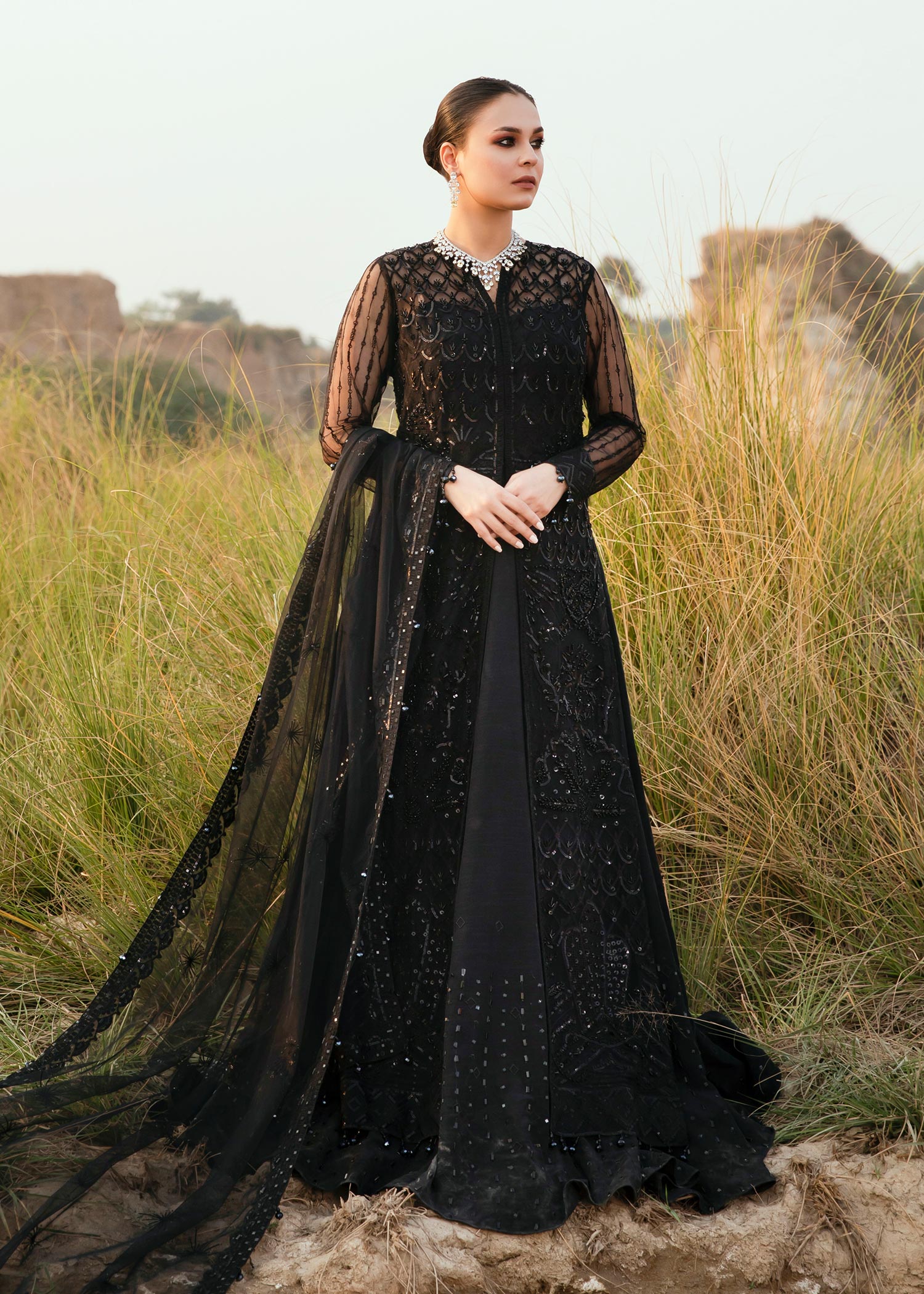 Black Embroidered Net & Raw Silk Anarkali Dress (2-Piece) - Image 1