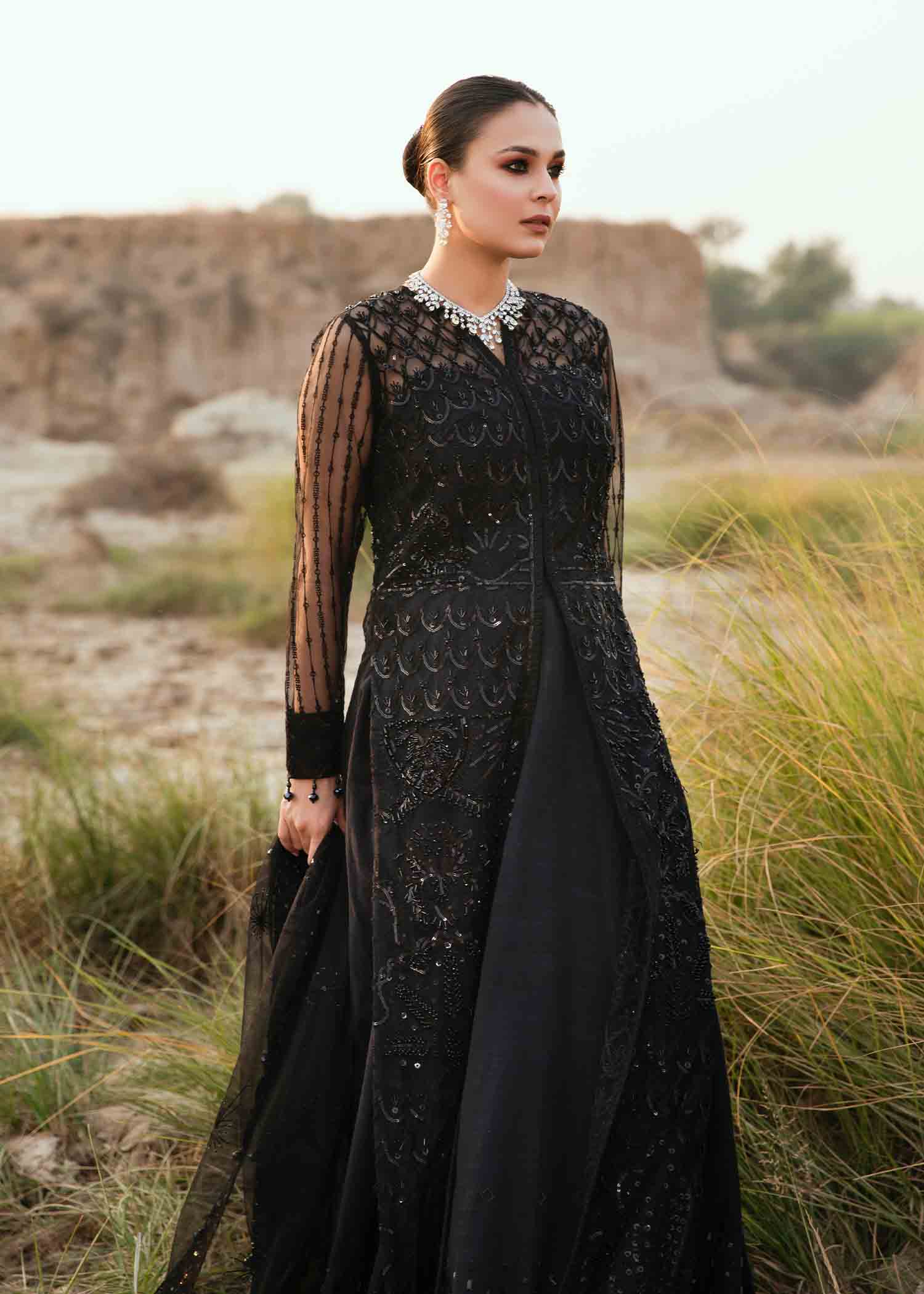 Black Embroidered Net & Raw Silk Anarkali Dress (2-Piece) - Image 3