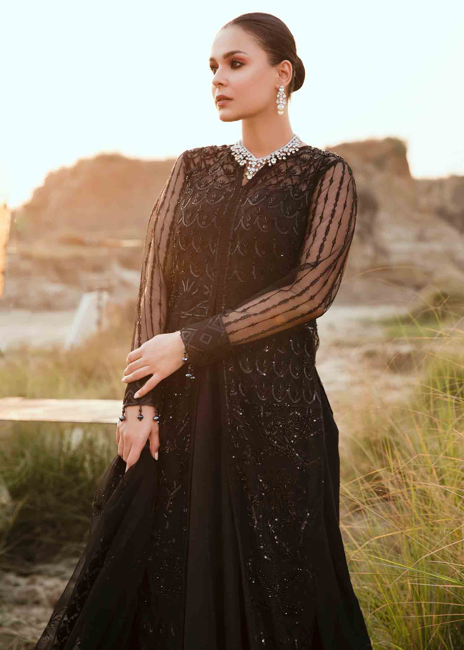 Black Embroidered Net & Raw Silk Anarkali Dress (2-Piece) - Image 4