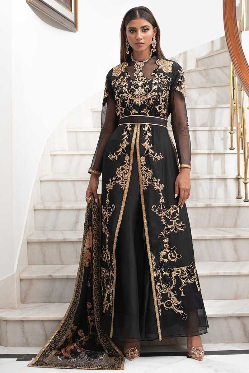 Pakistani Black Gold Appliqué Organza Anarkali Dress (3-Piece) - Image 1