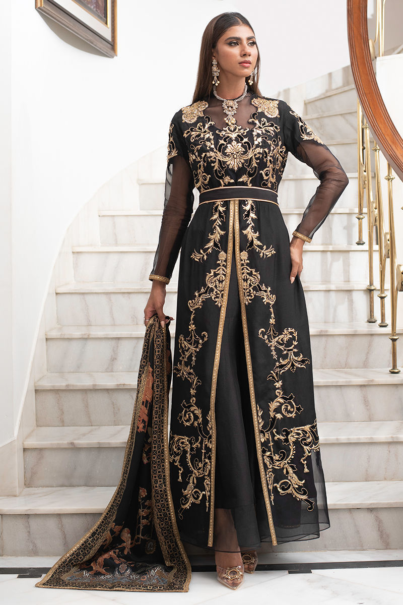 Pakistani Black Gold Appliqué Organza Anarkali Dress (3-Piece) - Image 2
