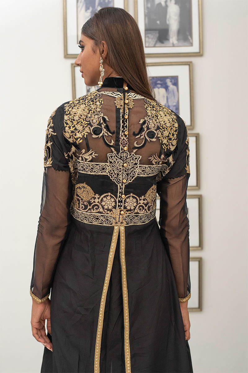 Pakistani Black Gold Appliqué Organza Anarkali Dress (3-Piece) - Image 3