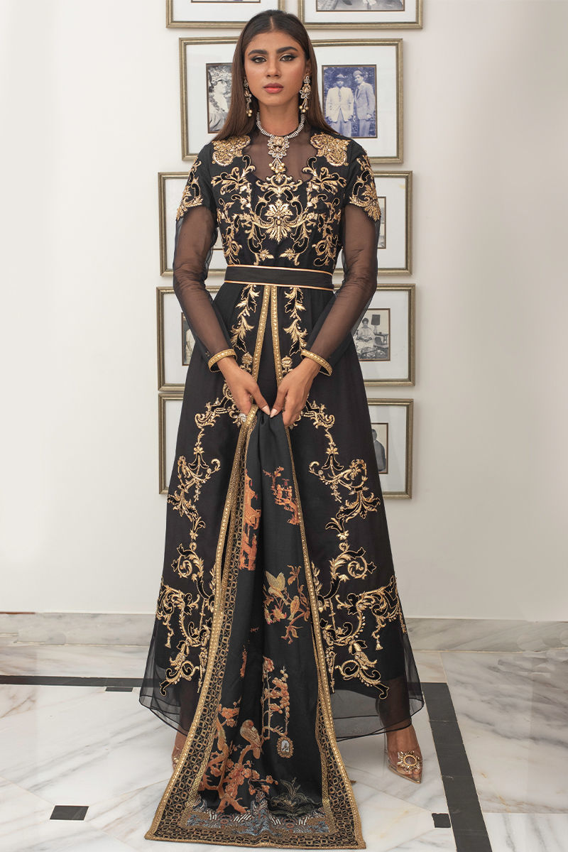 Pakistani Black Gold Appliqué Organza Anarkali Dress (3-Piece) - Image 4