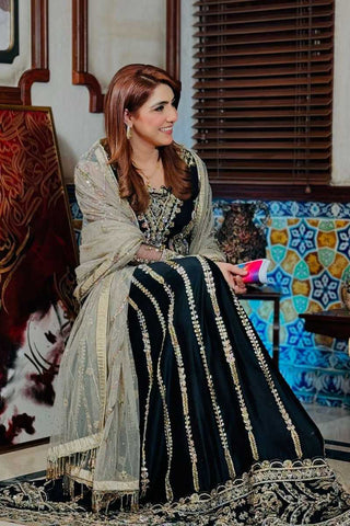 Black Gold Embroidered Silk Anarkali Dress (2-Piece) - Image 2