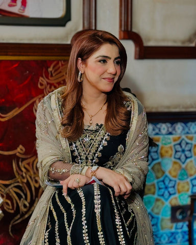 Black Gold Embroidered Silk Anarkali Dress (2-Piece) - Image 3