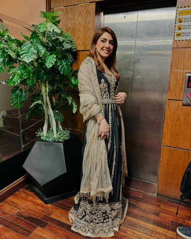 Black Gold Embroidered Silk Anarkali Dress (2-Piece) - Image 4