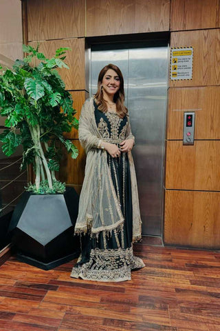 Black Gold Embroidered Silk Anarkali Dress (2-Piece) - Image 5