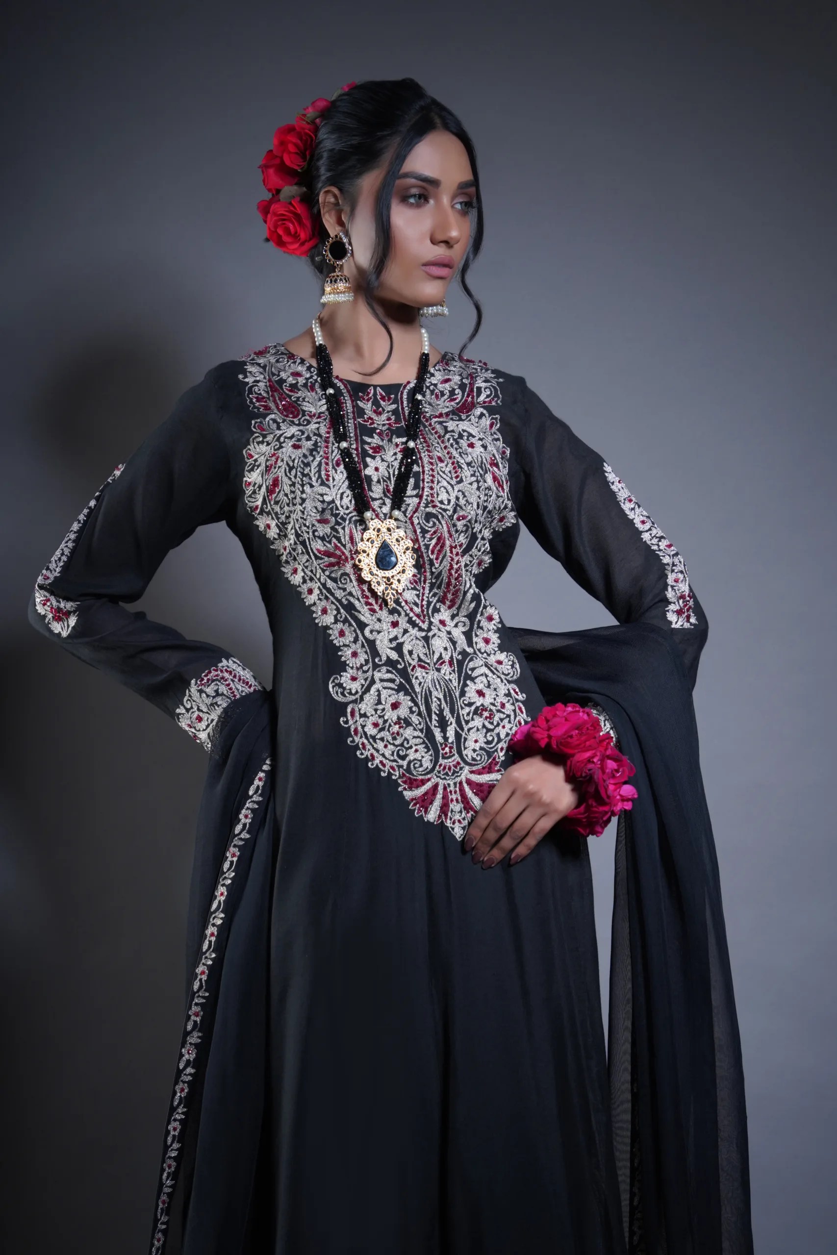Black Embroidered Georgette Anarkali Gown (2-Piece) - Image 1