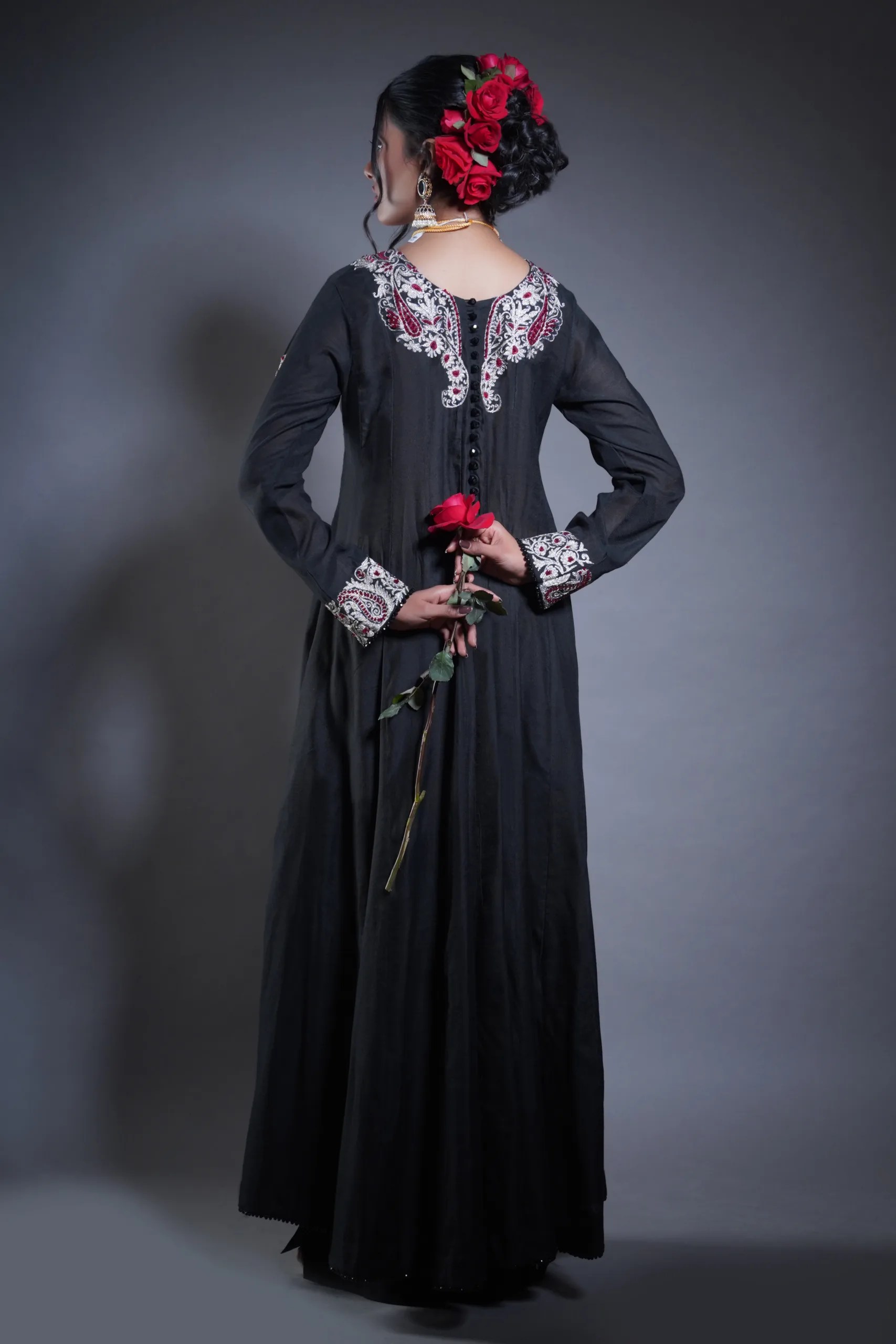 Black Embroidered Georgette Anarkali Gown (2-Piece) - Image 2