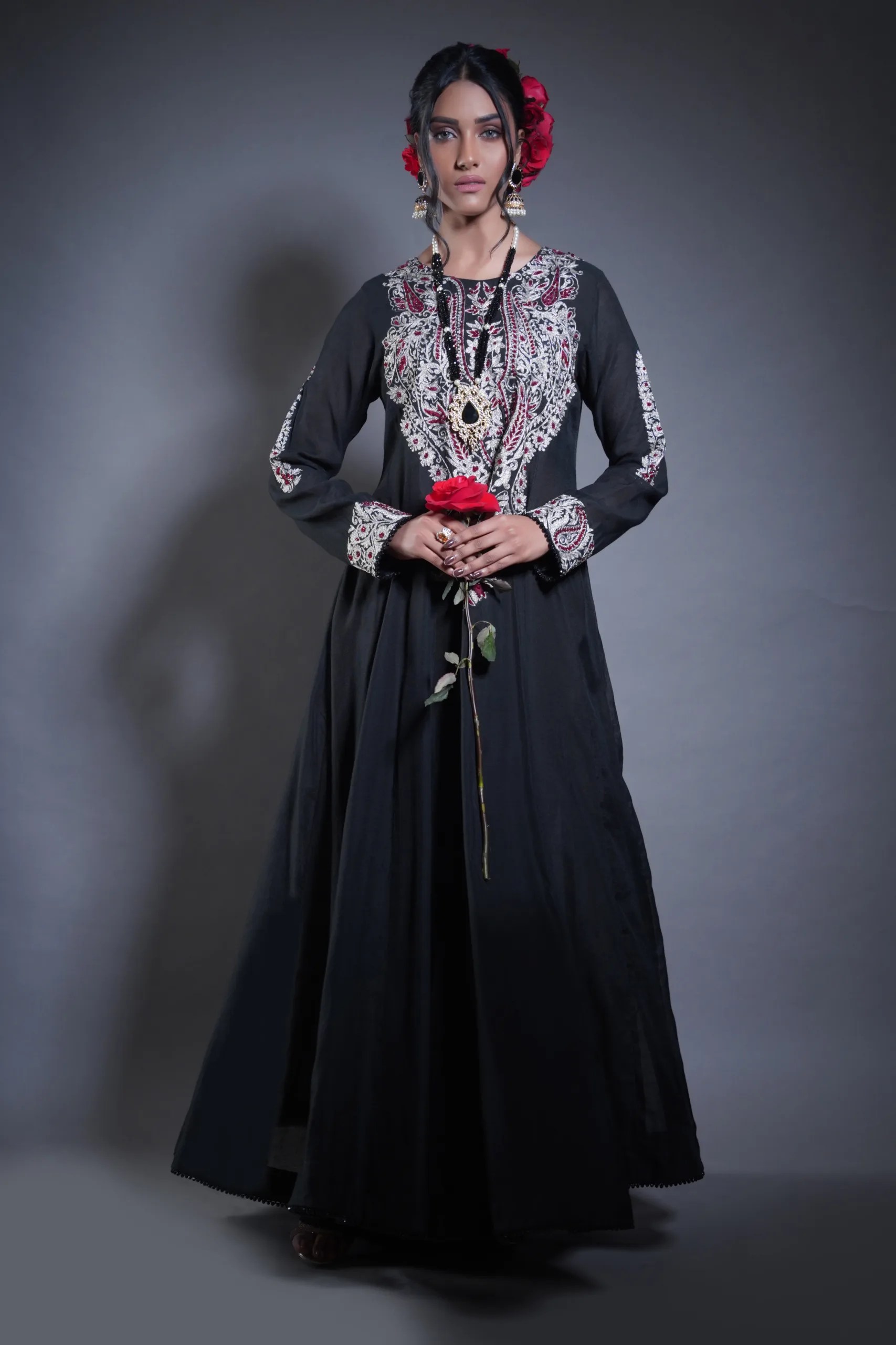 Black Embroidered Georgette Anarkali Gown (2-Piece) - Image 3