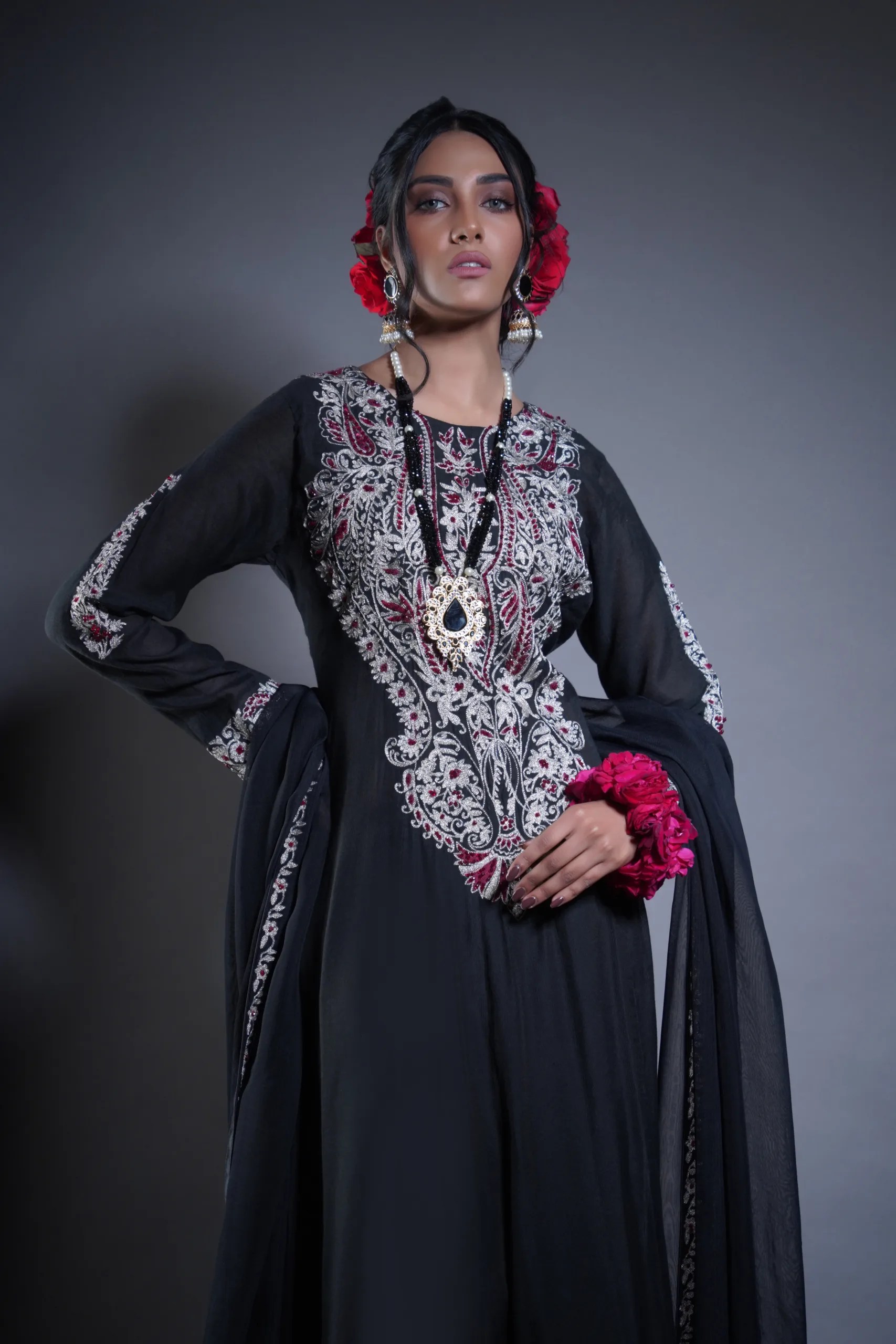 Black Embroidered Georgette Anarkali Gown (2-Piece) - Image 4