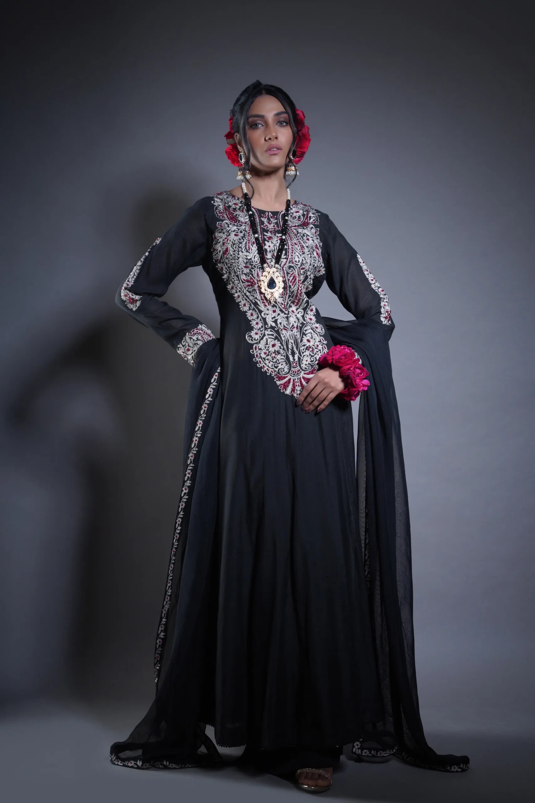 Black Embroidered Georgette Anarkali Gown (2-Piece) - Image 5