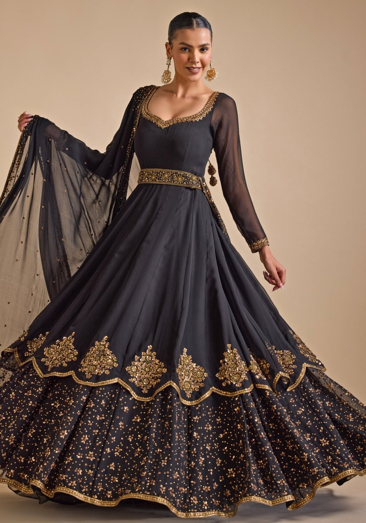 Pakistani Black Zardozi Sequin Georgette Anarkali Gown (2-Piece) - Image 1