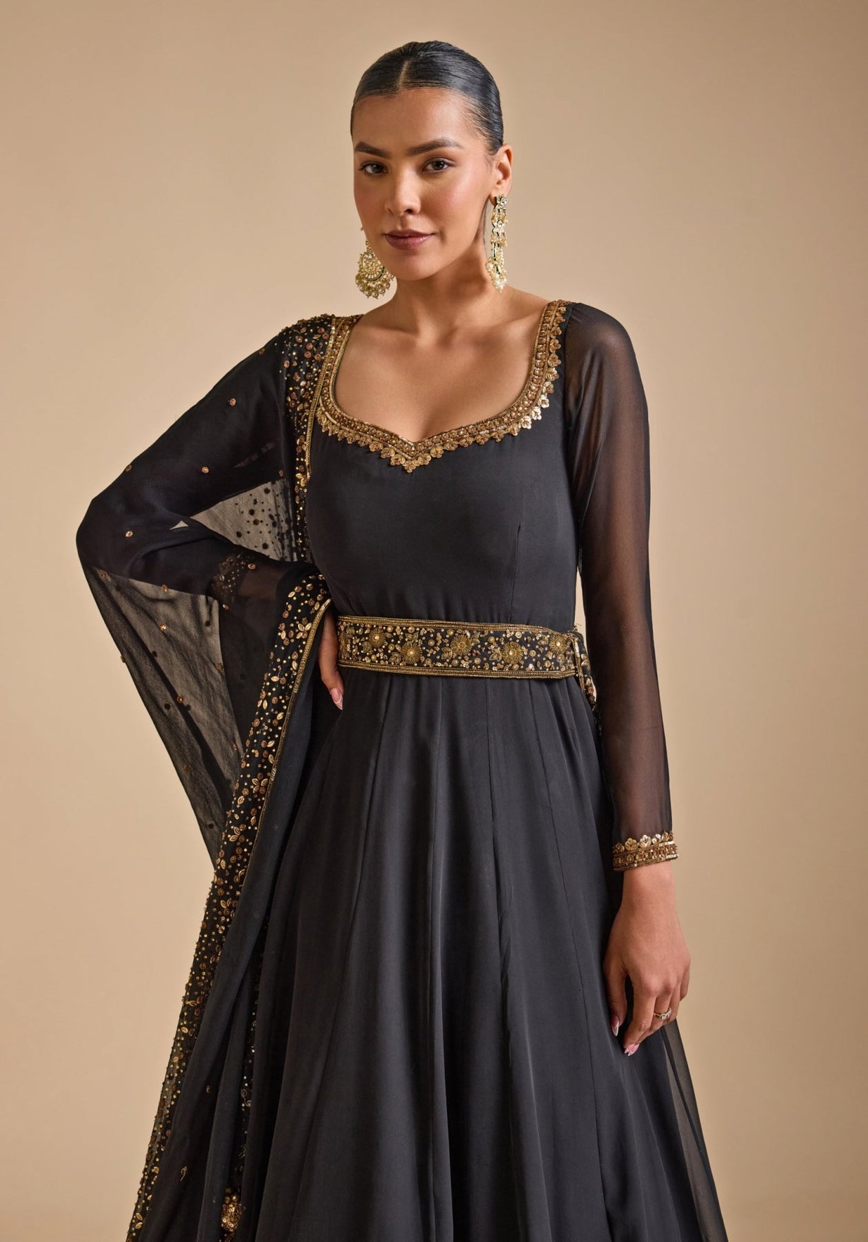 Pakistani Black Zardozi Sequin Georgette Anarkali Gown (2-Piece) - Image 2