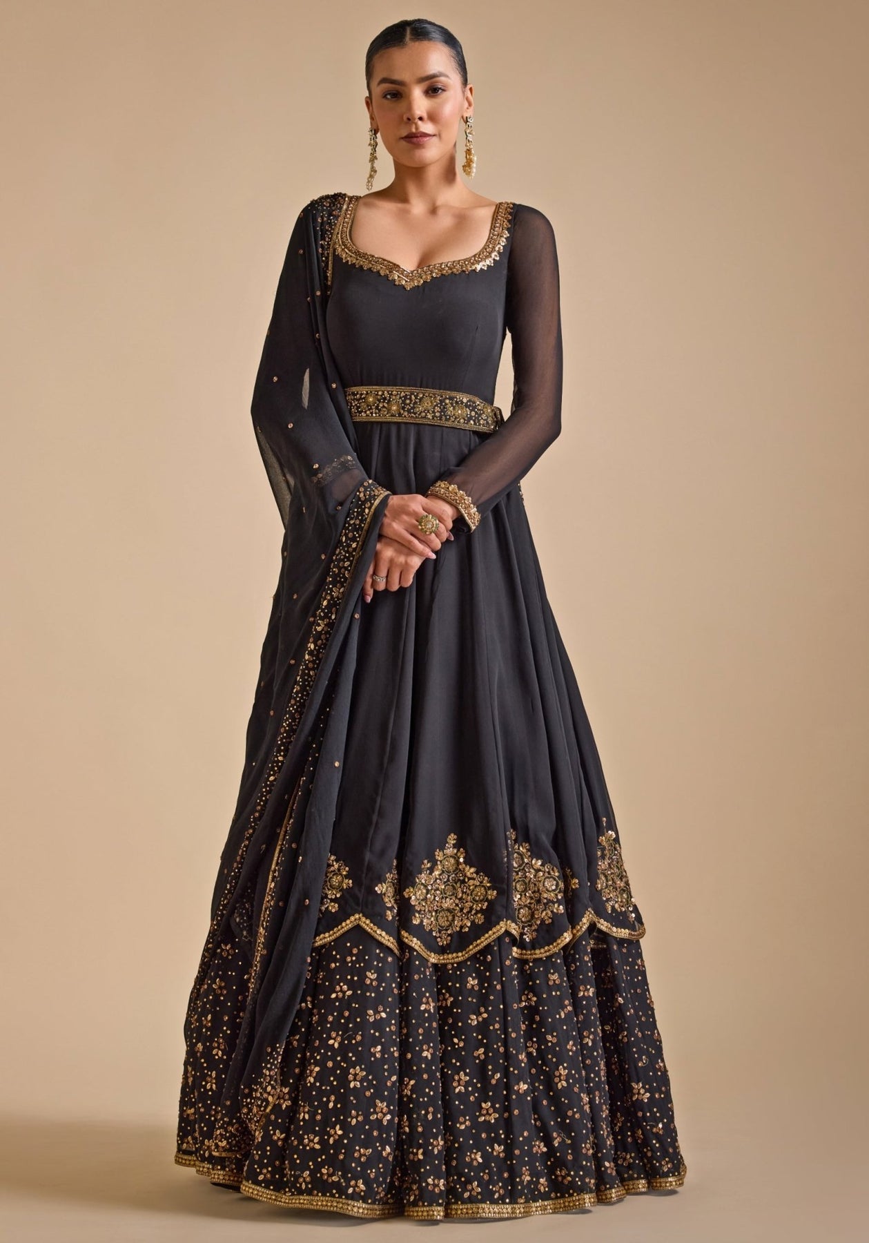 Pakistani Black Zardozi Sequin Georgette Anarkali Gown (2-Piece) - Image 3