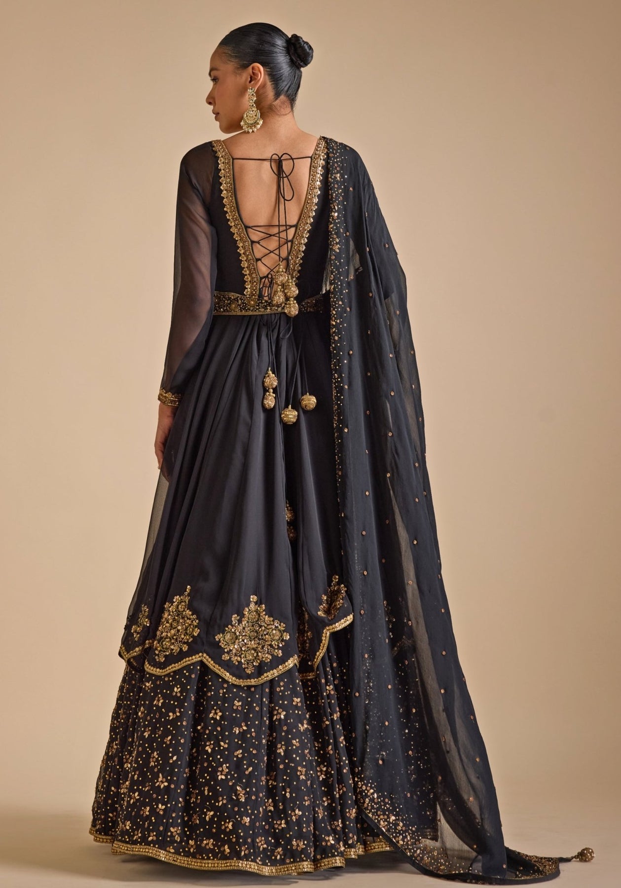 Pakistani Black Zardozi Sequin Georgette Anarkali Gown (2-Piece) - Image 4