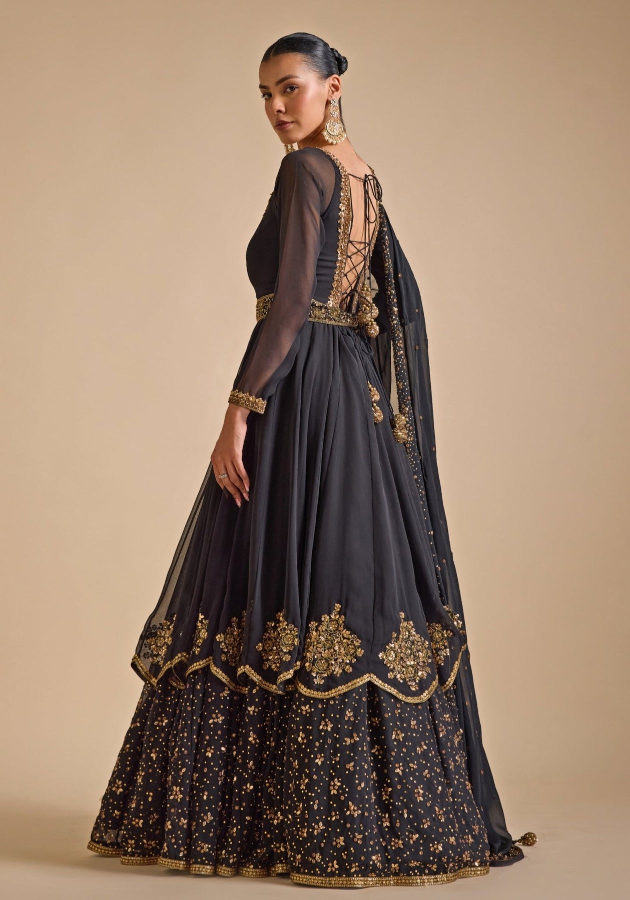 Pakistani Black Zardozi Sequin Georgette Anarkali Gown (2-Piece) - Image 5